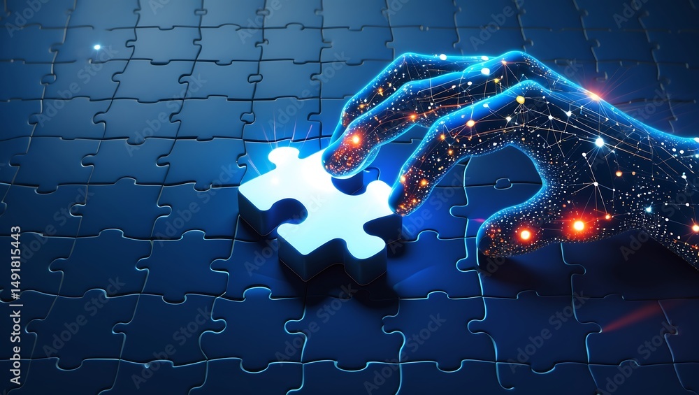 Aufkleber futuristic digital hand placing puzzle piece into networked puzzle representing connection and solut