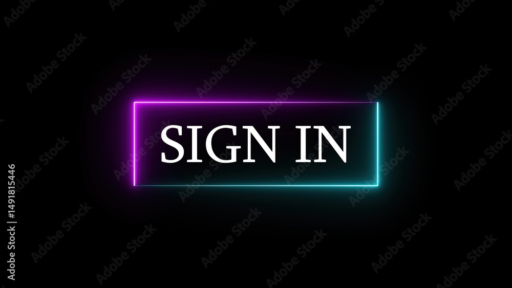 Poster sign in button in neon style illuminated with purple and teal colored lighting on a dark black backg