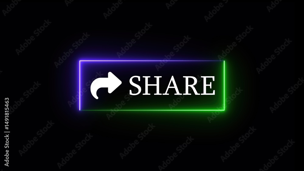 Poster modern illuminated share button with arrow icon and neon gradient border on a dark background promot