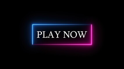 Illuminated neon play now button glowing with blue and pink light against a black background offers an invitation for an interactive experience.