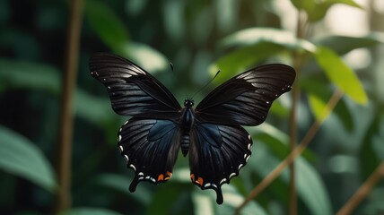 Black butterfly in lush greenery