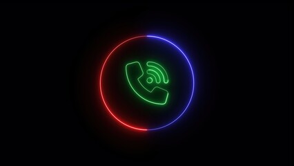 Glowing neon call icon within a circle on a black background illustrating communication connectivity and modern technology aesthetic