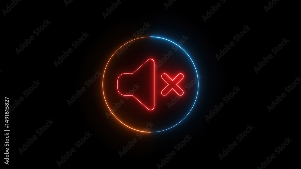 Poster glowing neon mute button with cross mark in circle depicting silenced audio and sound control on a b