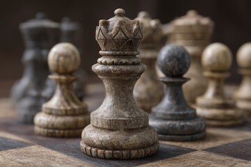 Chess Queen and Pawns on Board Game Strategy Close-up