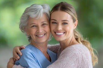 Obraz premium Woman Hugging Senior Woman While Smiling Outdoors