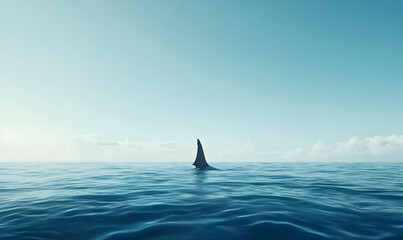 Fototapeta premium Fin of a Shark Emerges Above Calm Ocean Water Beneath Blue Sky
