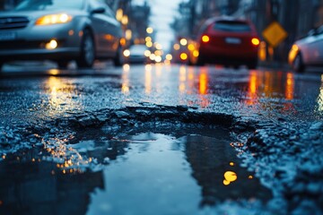 Rainy city street, pothole reflecting lights