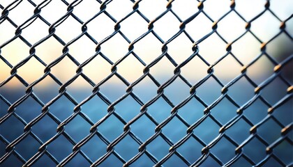 Fototapeta premium Close-up of a metallic chain-link fence with water and sky blurred in the background during sunset or sunrise