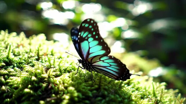 Blue morpho butterfly on mossy surface in sunlight