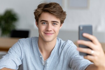Fototapeta premium Teen Taking Selfie Indoors with Mobile Phone Smiling