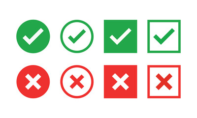 check mark icon button set. check box icon with right and wrong buttons and yes or no checkmark icons in green tick box and red cross