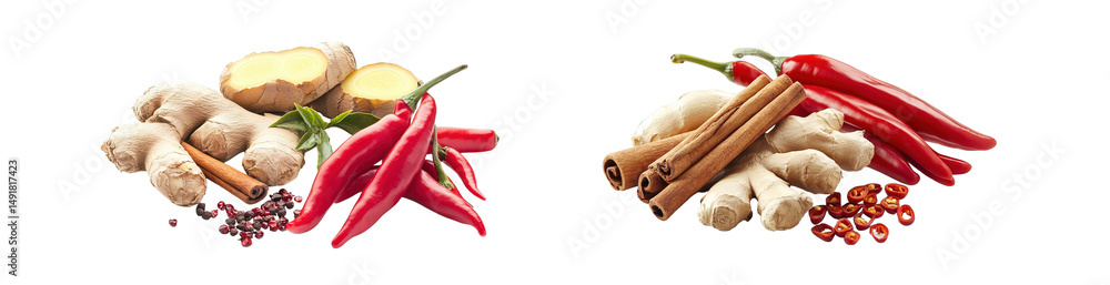 Poster set of assorted culinary spices displayed in a still life. isolated on transparent background