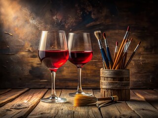 Low Light Still Life: Wine, Paintbrushes & Canvas – Artistic Evening Ambiance