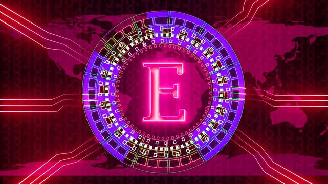 Technology text E animation on technology background. 