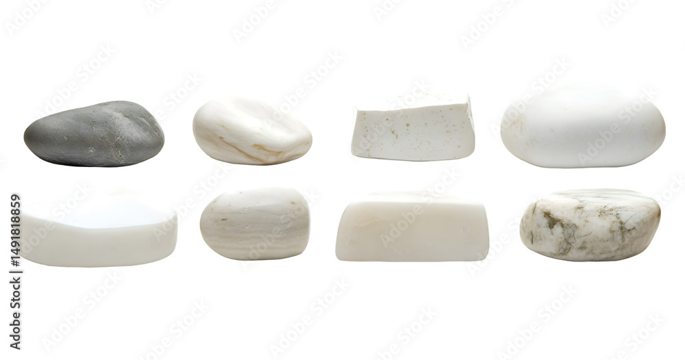 Poster set of close-up view of various smooth stone shapes. isolated on transparent background