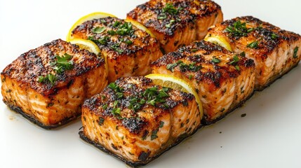 Grilled salmon fillets with lemon and parsley on a white serving platter
