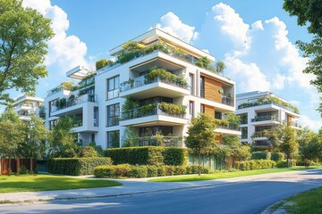 Modern residential buildings with multiple balconies featuring abundant greenery and plants under a bright blue sky with fluffy white clouds