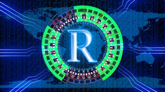 Technology text R animation on technology background. 