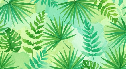 Tropical Paradise Watercolor Pattern Lush Green Leaves and Palm Fronds