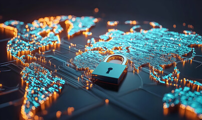 Obraz premium Digital World Map with Lock Symbolizing Cybersecurity and Safety