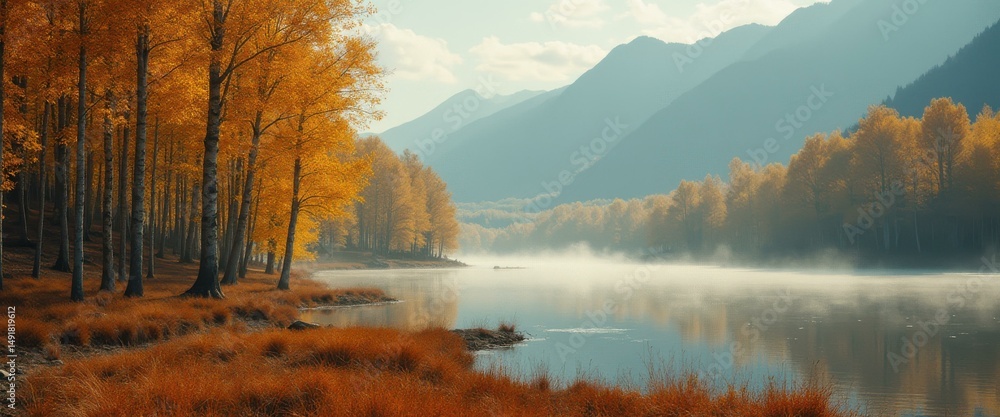 Poster autumnal tranquility: lake scene with golden trees reflecting in the mist under hazy mountains