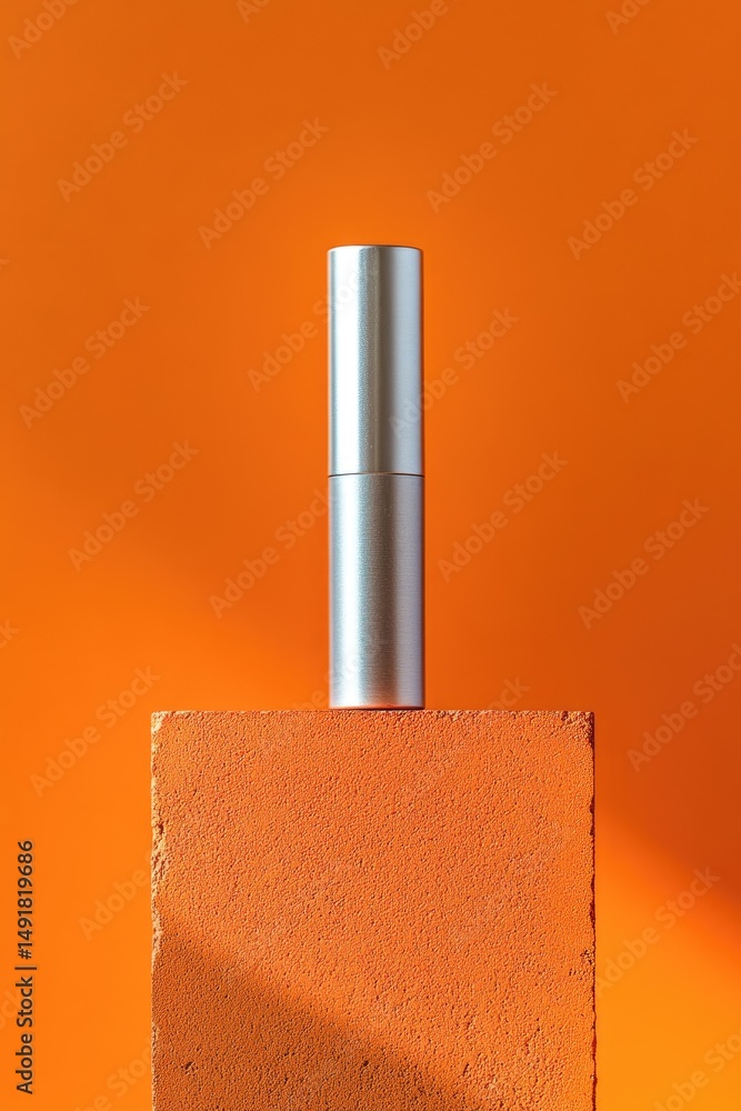 Poster a silver cylindrical container rests atop an orange block against a vibrant orange backdrop, illumin