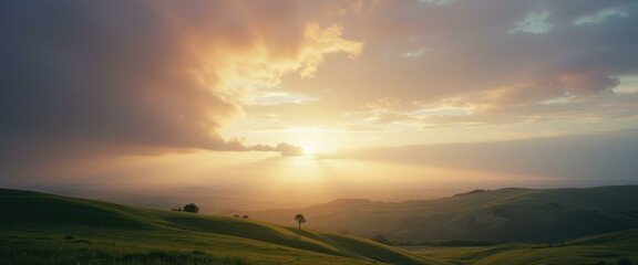 Scenic vista of rolling hills at golden hour, with sunlight filtering through the clouds, creating a picturesque landscape