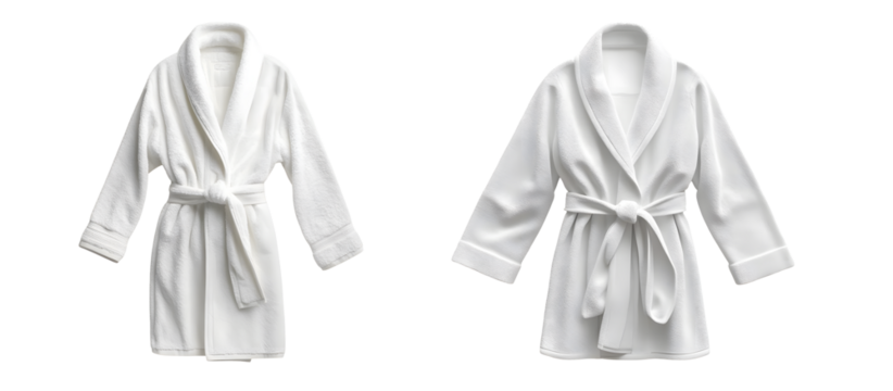 Two white bathrobes displayed in a setting. isolated on transparent background
