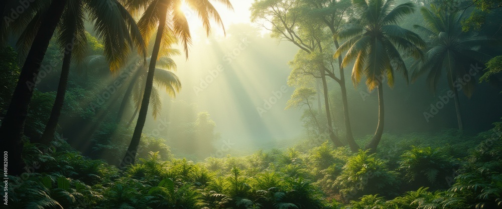 Poster lush tropical jungle scene with sunbeams filtering through palm trees and creating a misty, atmosphe