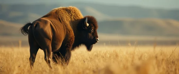 Fototapete Majestic American bison grazes on a vast plain of tall golden grass, with rolling hills in the background, under the soft, warm li © vadosloginov