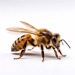 macro photography of bee insect on isolated white background.