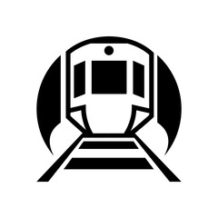 A front-view black filled icon of a subway train entering a tunnel, with windows and headlights.
