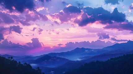 Serene Mountain Landscape Under Colorful Sunset with Cloudy Sky
