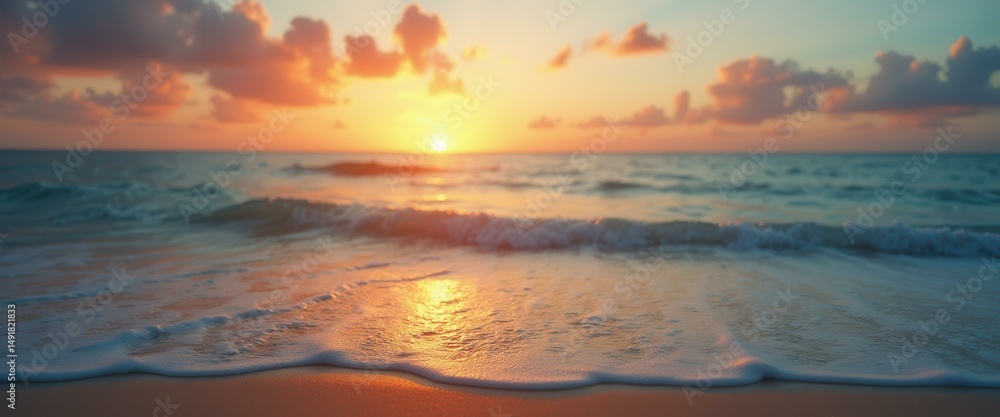 Poster Tranquil beach scene at sunset with warm light reflecting on the water and soft waves lapping the sandy shore.