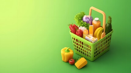 Colorful grocery basket brimming with fresh produce and items.