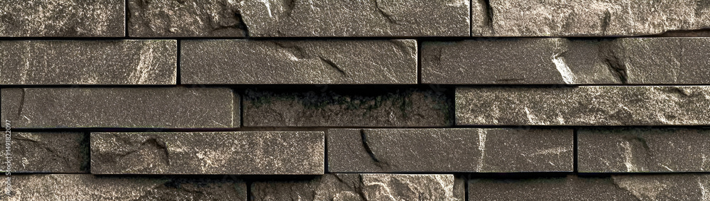 Poster close up view of a textured dark gray brick wall showing detailed surface irregularities and subtle 