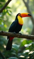 Fototapeta premium Majestic Channel-Billed Toucan Perched on Branch, Displaying Vibrant Plumage and Distinctive Bill in Lush Forest Setting