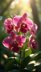 Close-up of vibrant pink moth orchids bathed in soft light, showcasing delicate petals, intricate details, and creating a serene b