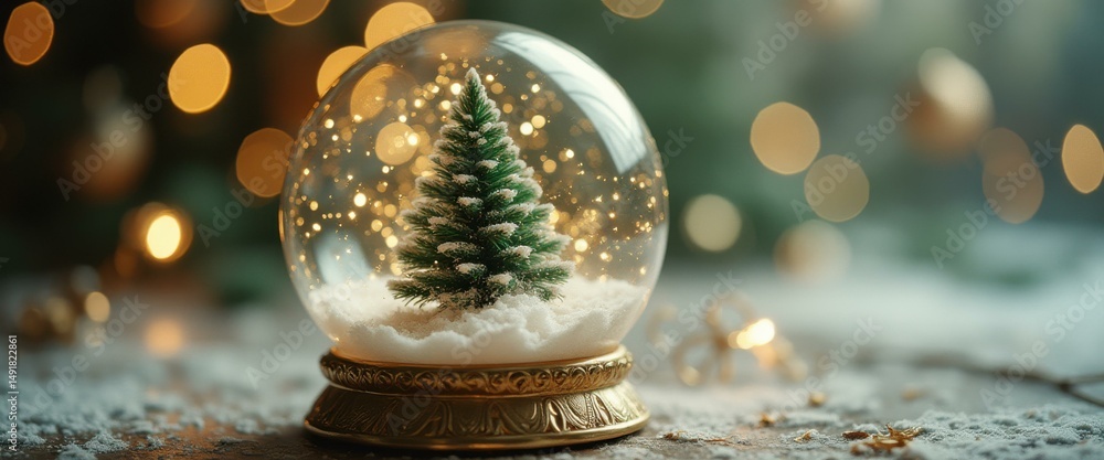 Poster Snow globe with Christmas tree and bokeh lights creating a festive and magical winter scene
