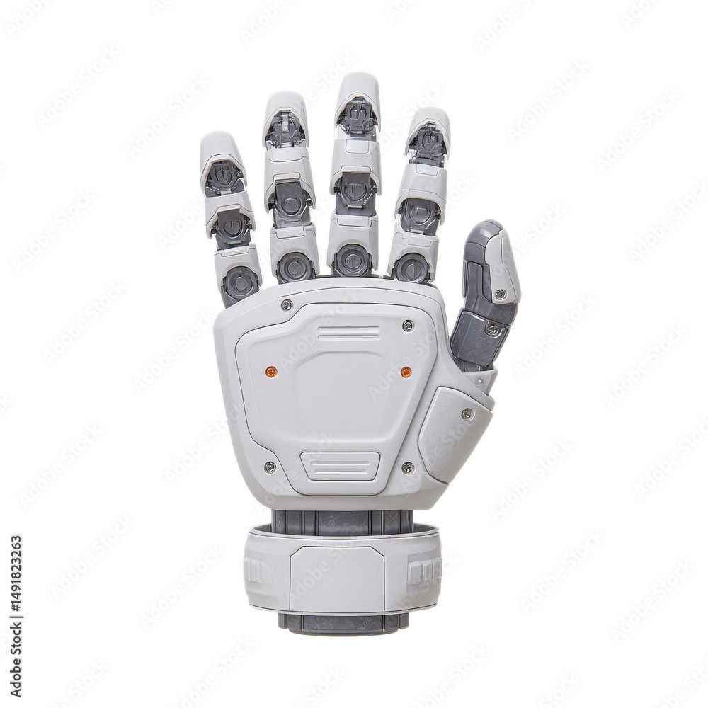 Poster futuristic robotic hand showing five fingers open palm gesture a detailed image of a white robotic p