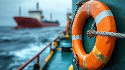 Orange life buoy on a ship, ocean backdrop