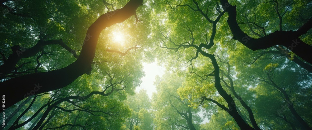 Poster sun shining through lush green forest canopy: serene nature scene with intertwined tree branches