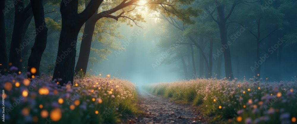 Poster enchanting forest path bathed in ethereal sunlight and mystical fireflies, inviting exploration of n