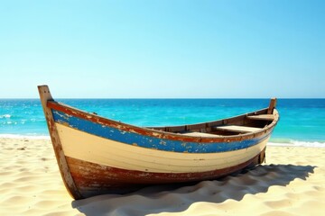 Obraz premium A weathered wooden rowboat rests on a pristine sandy beach, facing a tranquil turquoise ocean under a brilliant summer sky.