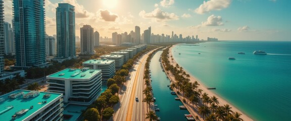 Aerial View of Modern Buildings and Turquoise Waters along a Coastal Road