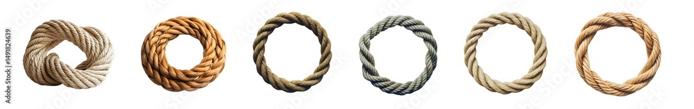 Poster set of circular decorative frames made of twisted rope. isolated on transparent background
