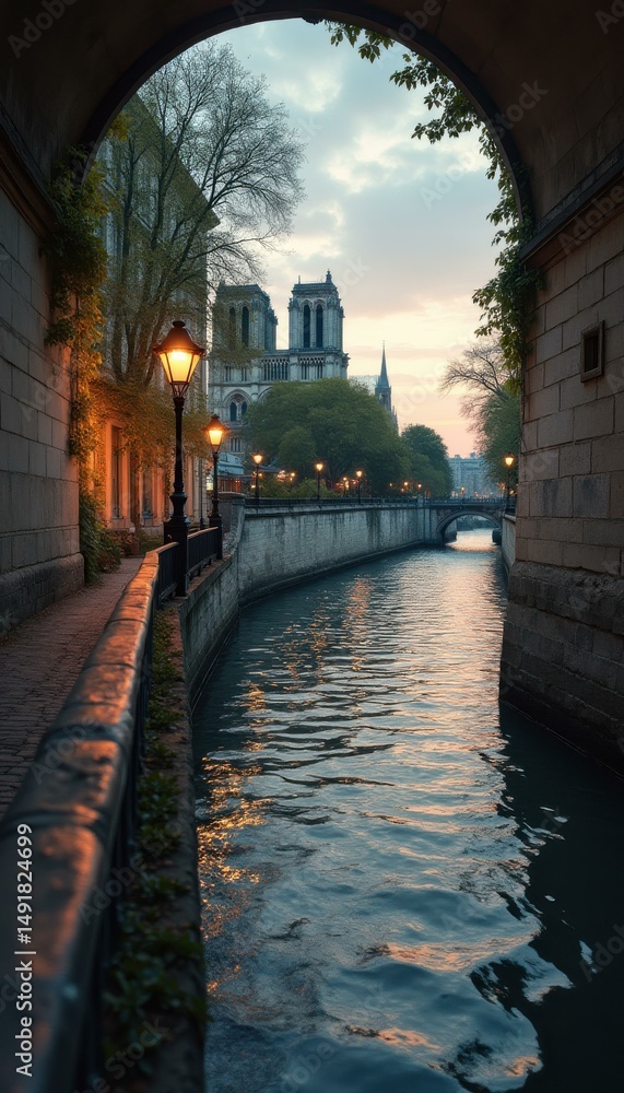 Poster serene waters reflect historical architecture under the soft glow of streetlights at twilight.