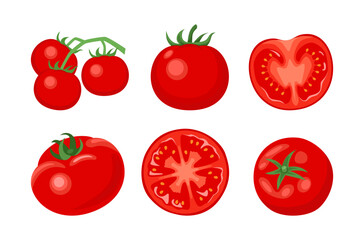 Fresh tomatoes set. Branch of cherry tomatoes, whole and slices vegetables. Vector cartoon flat illustration