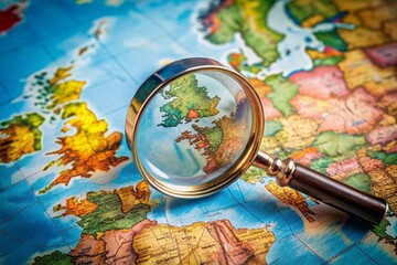 Macro Photography: Magnifying Glass on UK Map, World Map Background