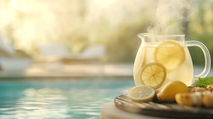 Refreshing pitcher of lemonade garnished with lemon slices sits by the pool, creating a vibrant and inviting atmosphere for a summer BBQ gathering